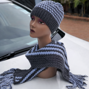 Grey & Light Blue Crocheted Beanie and Scarf