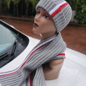 Grey, Red & White Crocheted Beanie and Scarf