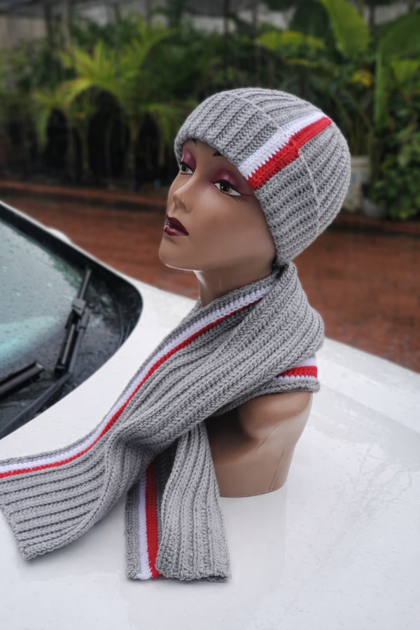 Grey, Red & White Crocheted Beanie and Scarf
