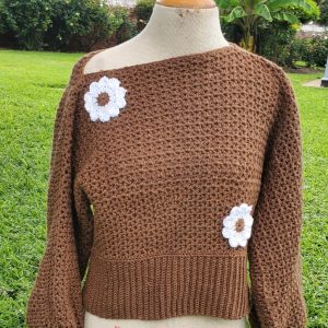 Brown Crocheted Sweater with White Flower Appliqués