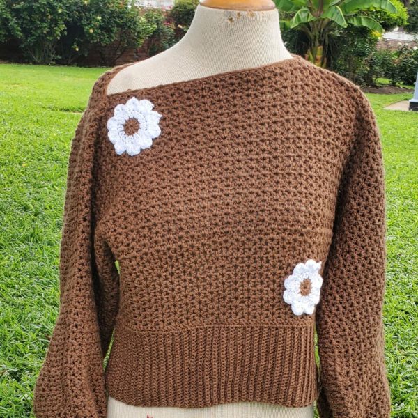Brown Crocheted Sweater with White Flower Appliqués
